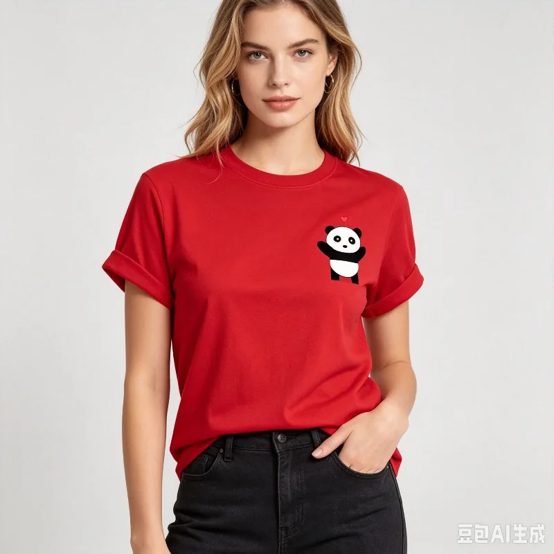 Women Panda Heart Print T-Shirt 100% Cotton Regular Fit Short Sleeve Tee Cute Cartoon Casual Daily Female Top