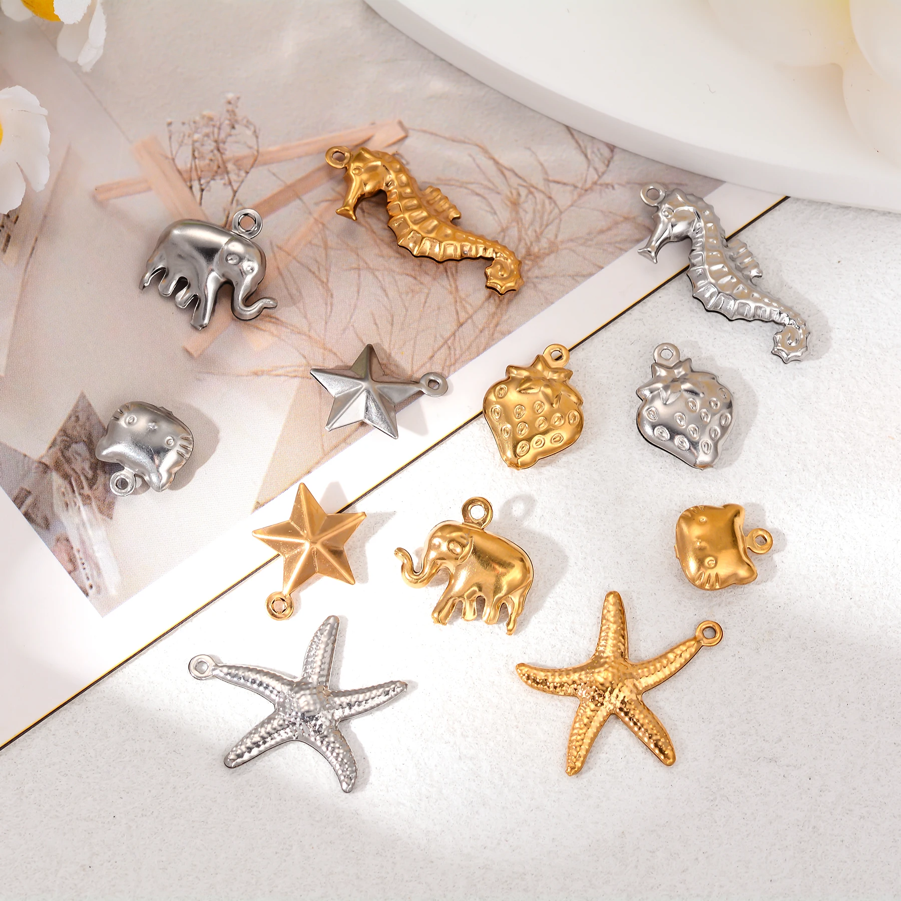 10 sztuk ze stali nierdzewnej rozgwiazda muszla zwierząt Charms złote wisiorki biżuteria Diy akcesoria naszyjnik kolczyk bransoletki pływające — zdjęcie 6