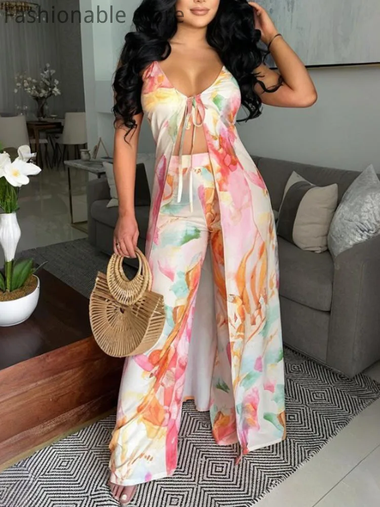 

Women's Fashionable Two-piece Set Summer Print Spaghetti Strap Lace-up Top and High Waist Wide Leg Pants Suit