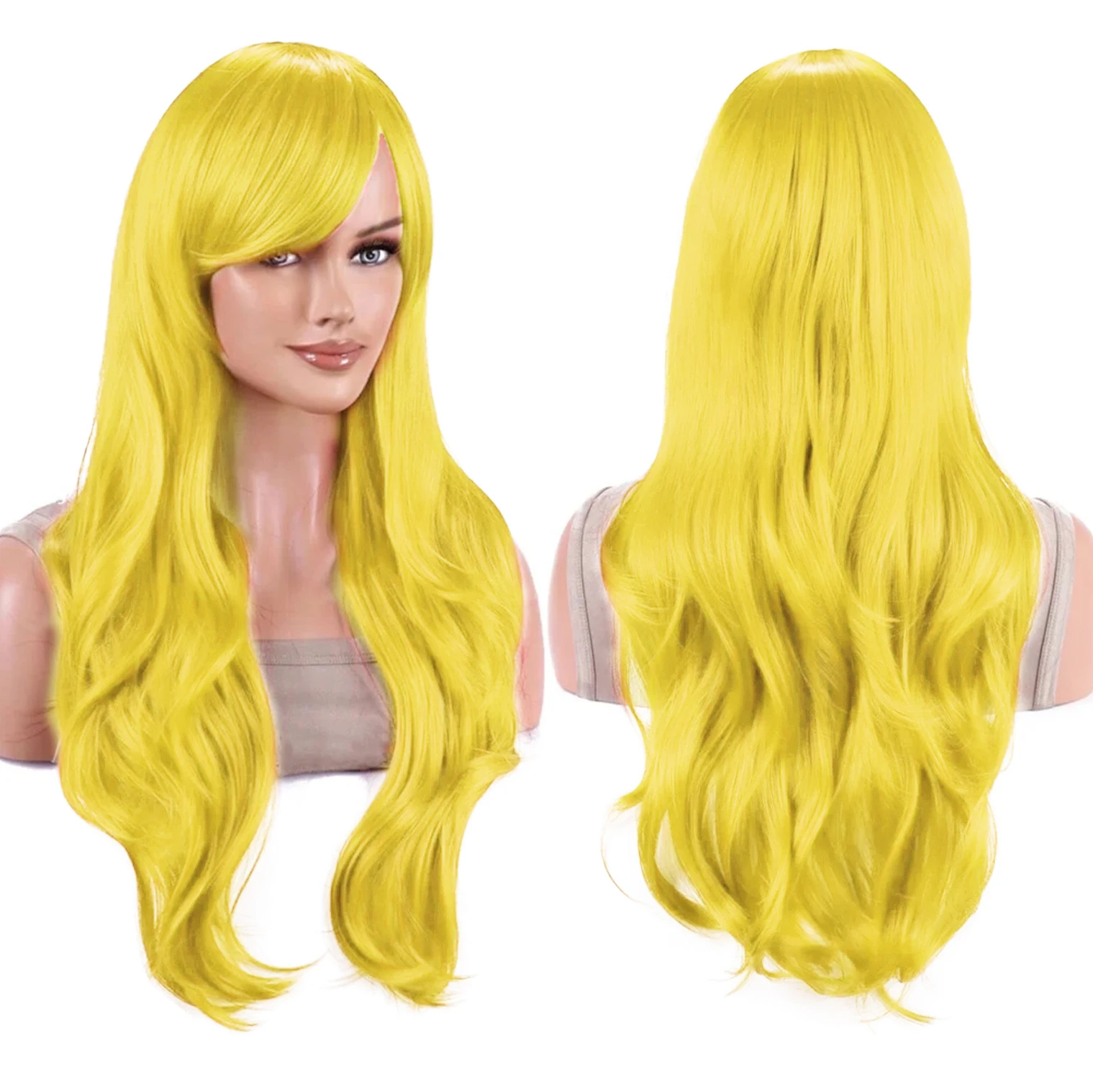 Peluca de pelo sintético largo y ondulado, color amarillo brillante, para cosplay de Lolita, pelucas de anime, peluca de disfraz de Halloween de Lemon Irvine para niña