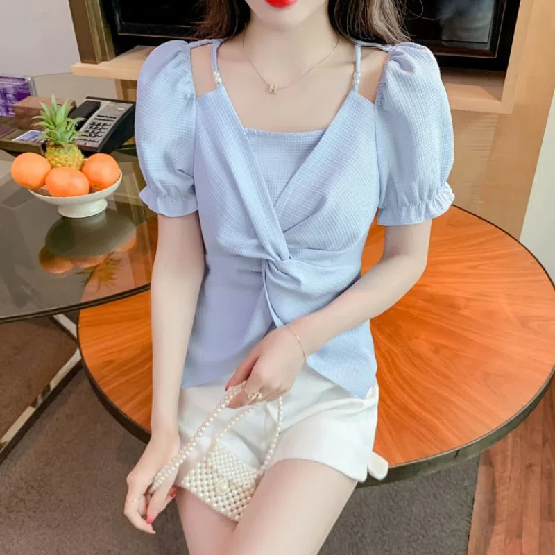 

Летняя нерегулярная искусственная офисная блузка из двух частей с коротким рукавом, однотонная модная рубашка с вырезами, топы, повседневная темпераментная женская одежда