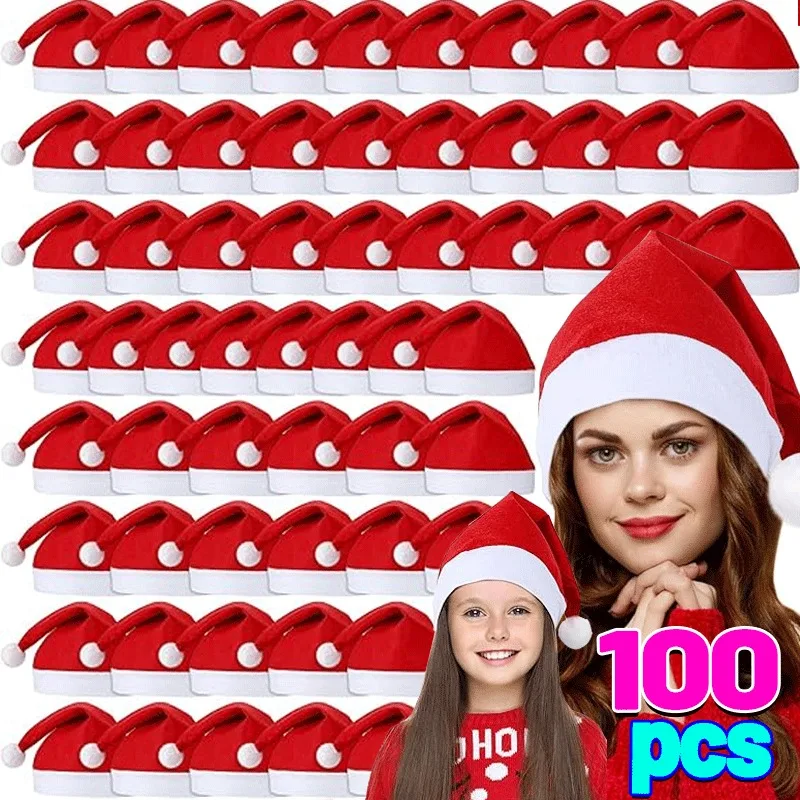 1-100PCS Red Christmas Hats Non-woven Fabric Santa Claus Hats Cap Christmas Festival Party Decor New Year Gifts for Adults Kids