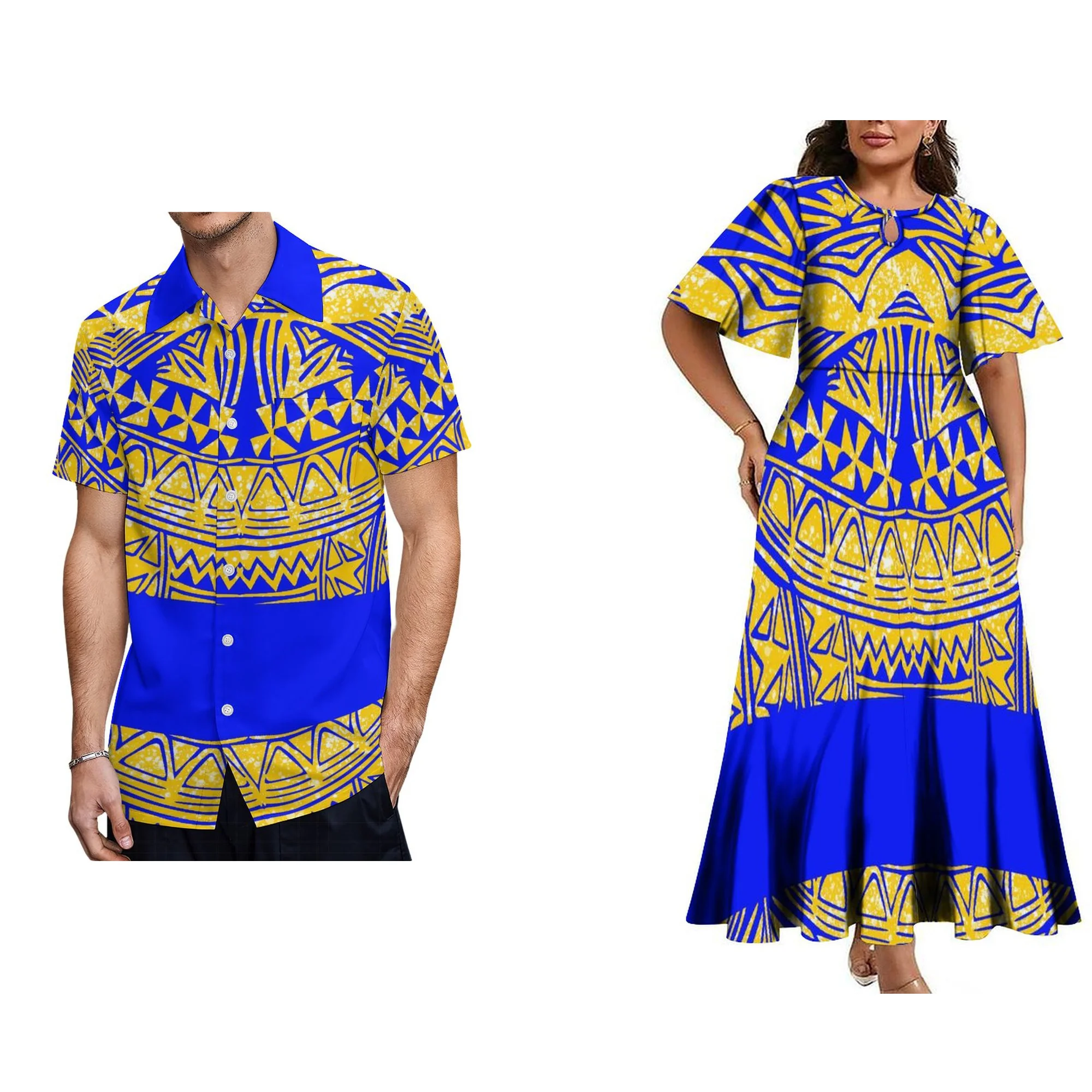 Wholesale Custom Polynesian Tribal Crew Neck Short Sleeve Maxi Ladies Dresses Women Elegant Plus Size Midi Pleated Samoan Dress