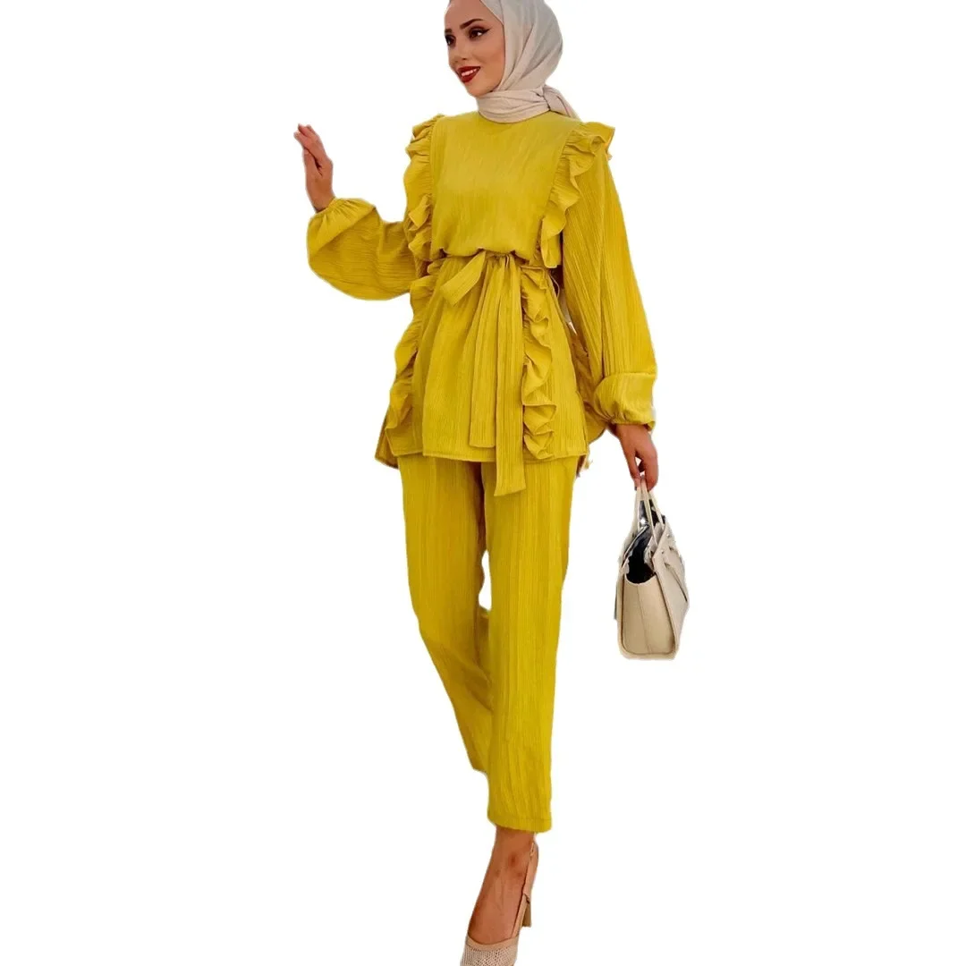 Women Eid Muslim Sets Two Pieces Kaftan Islam Ensemble Blouses Solid Ruffles Belt Wide Leg Pants Arab Casual Loose Pleated