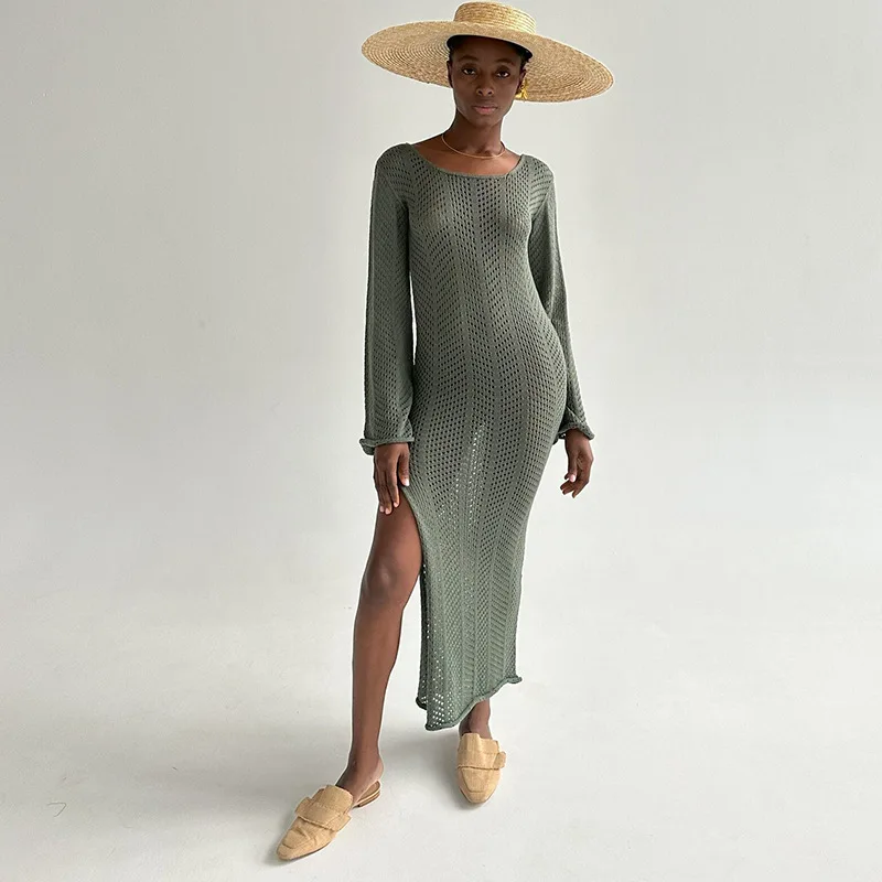 

Knitted Crochet Women Cover Ups Solid Long Sleeve Hollow Out Midi Dress 2023 Summer Fall Beachwear Sexy Club Party Vestidos