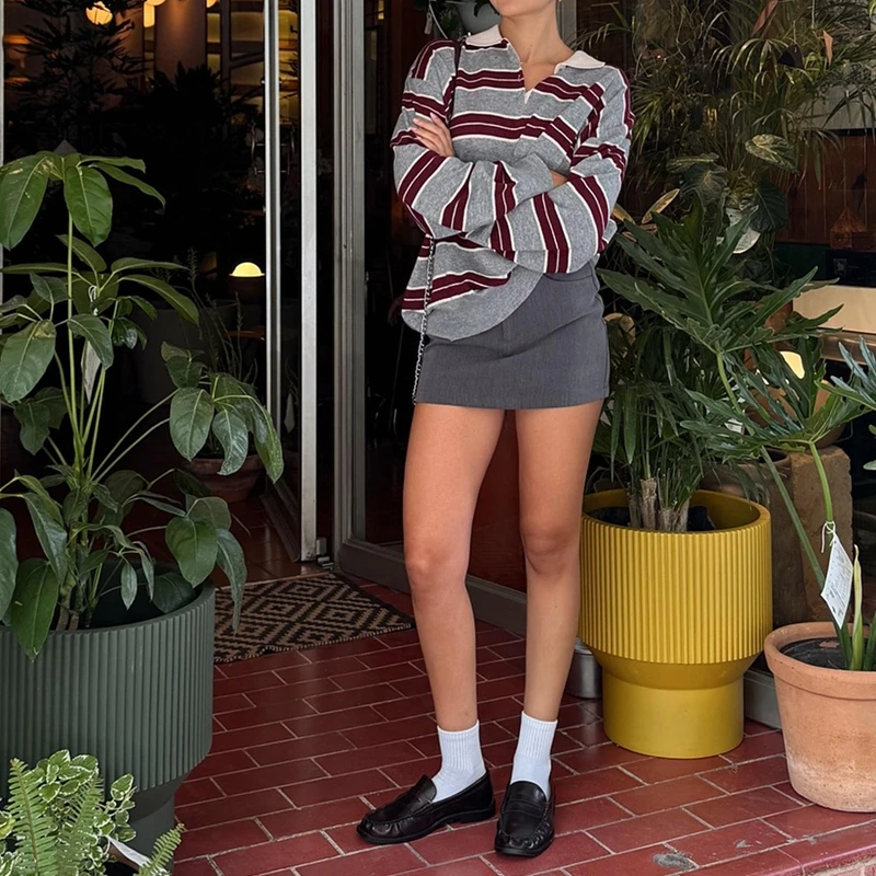 

Combhasaki женский полосатый трикотаж для регби пуловеры Y2K большой свитшот Pol0 в консервативном стиле вязаные джемперы с воротником 80-х годов винтажный свитер