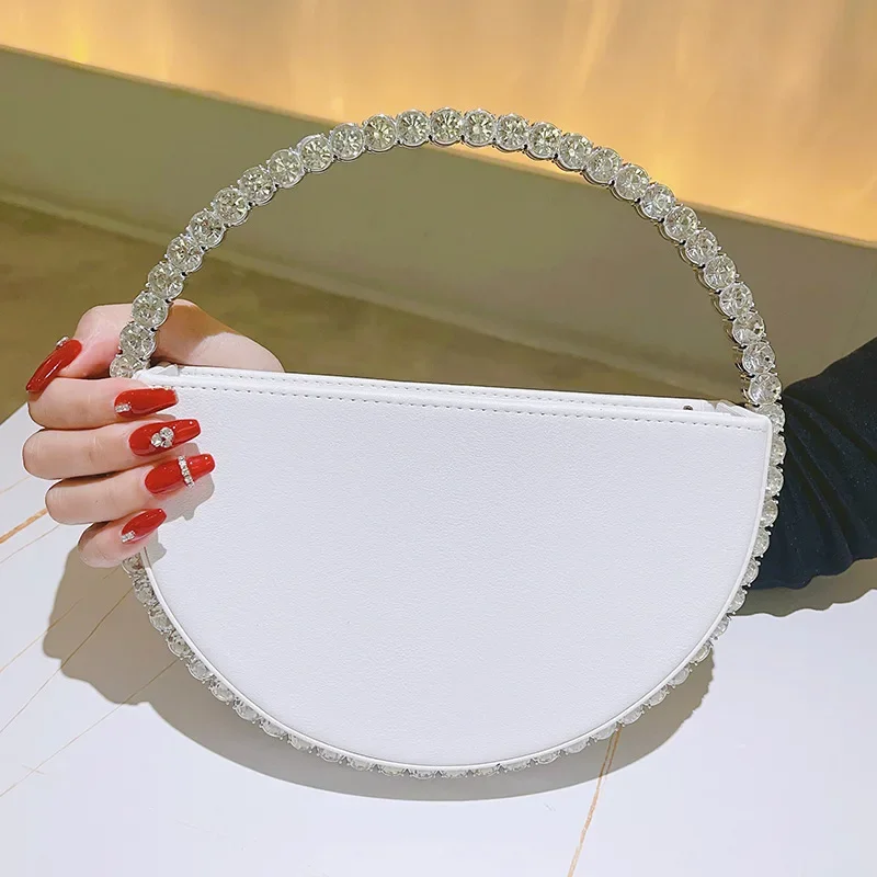 Rhinestone Round Ring Evening Bag Trendy Faux Leather Clutch Purse Women\'s Elegant Handbags For Party Prom Wedding