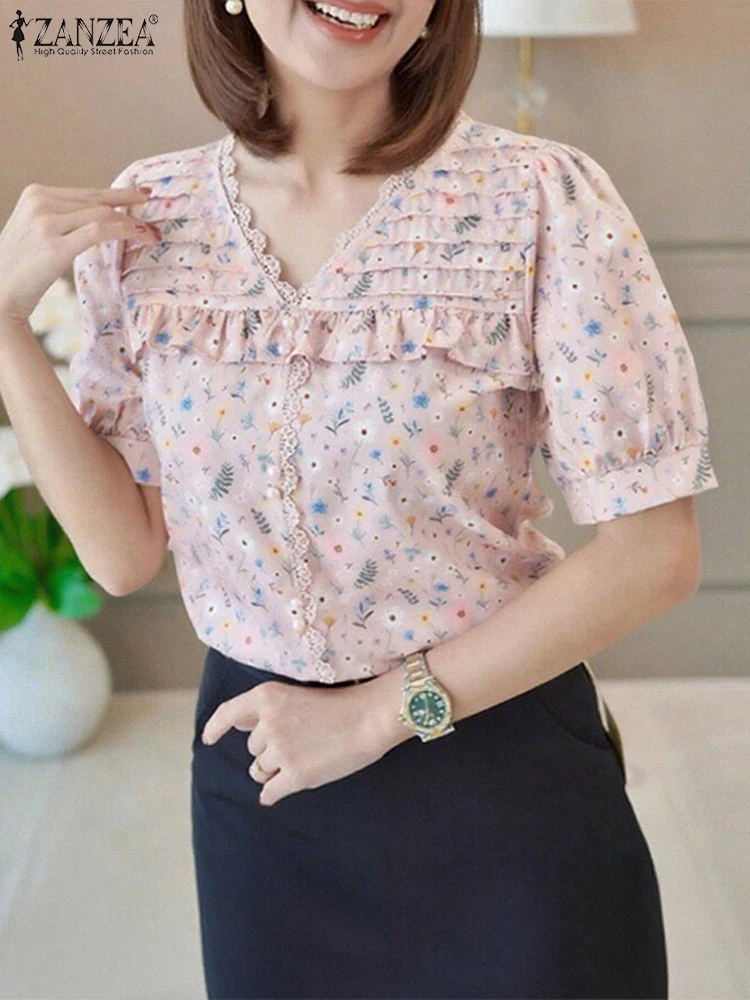

ZANZEA Vintage Women Floral Print Shirts 2025 Summer Lace Tops Fashion Short Sleeve Buttons Casual Loose Tunic Bohemian Blusas