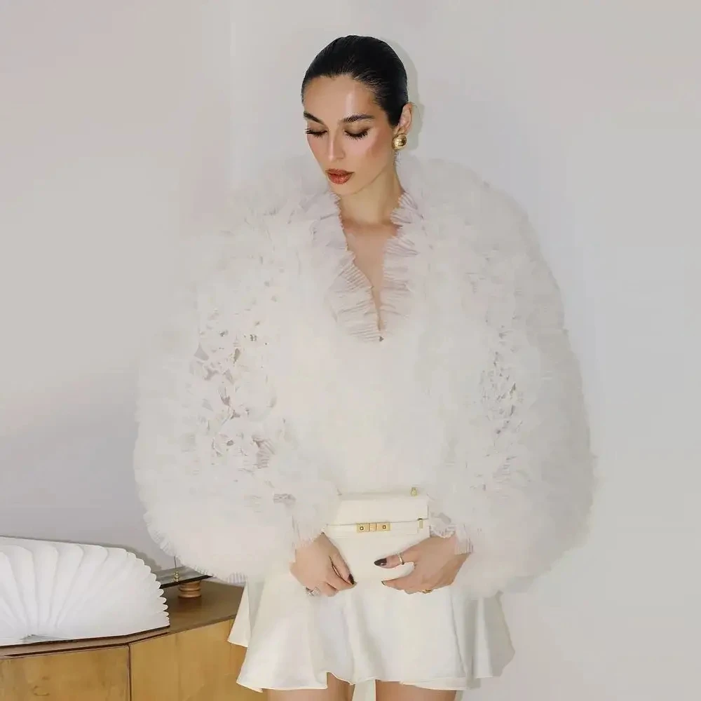 

2025 New Ruffled Coat Custom Made Long Sleeves Layered White Women Tulle Wedding Party Top Photo Shoot
