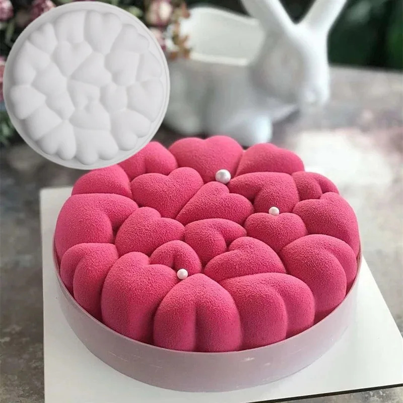 Round Mousse Top Hearts Texture Design Mold Silicone Chocolate Cake Mold Wedding Engagement Dessert Bakeware Kitchen Baking Tool