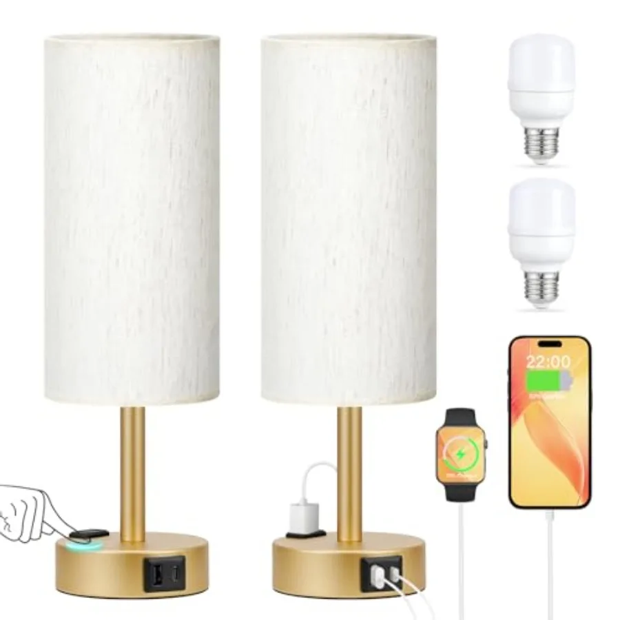 

Gold Touch Table Lamps Set - 3 Way Dimmable Bedroom Lamps with USB C and A Ports, Small Lamps for Nightstand with AC Outlet, Ro