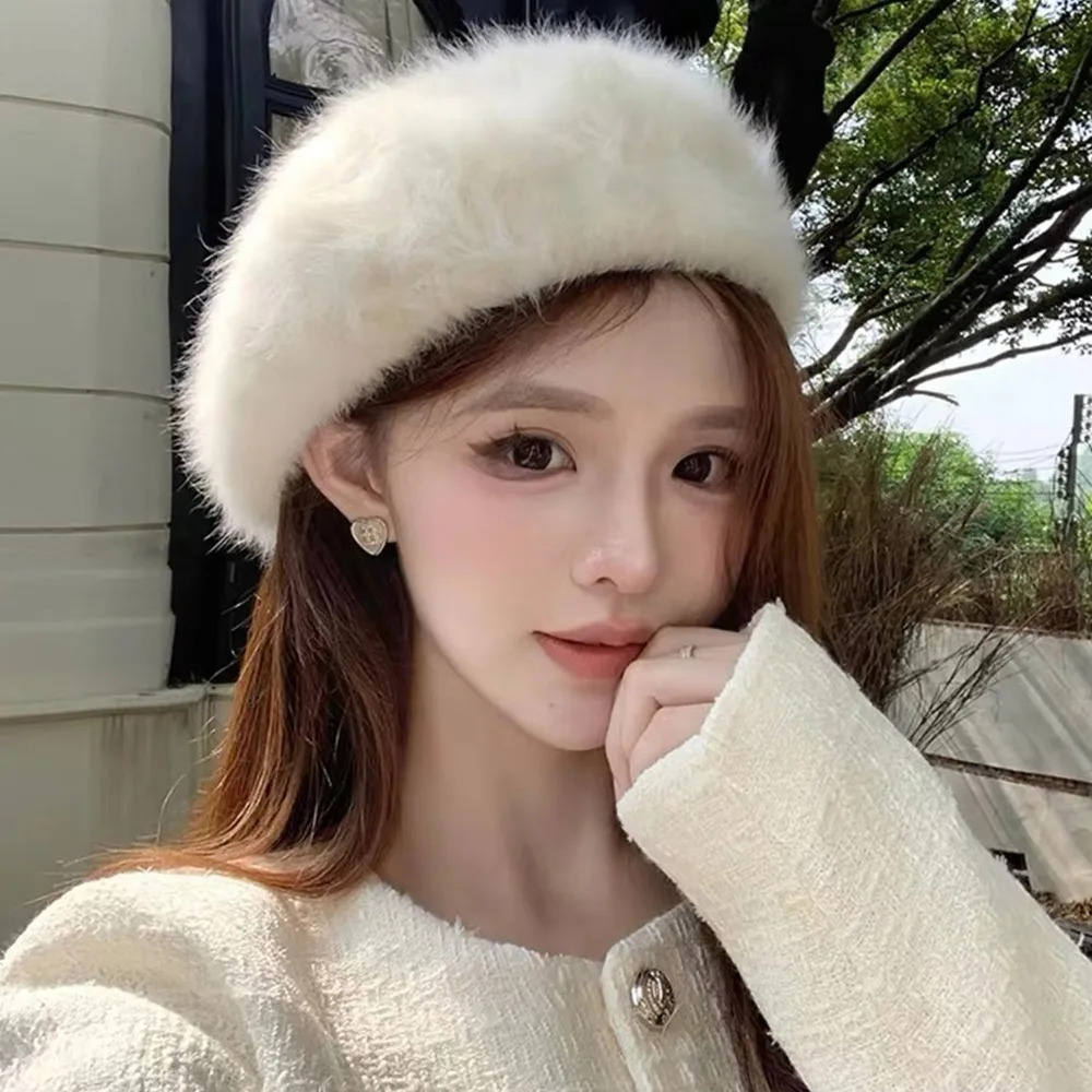 New Leopard Print Faux Rabbit Fur Beret Solid Color Thicken Painter Beret Hat Keep Warm Flush Furry Winter Cap Women Girl