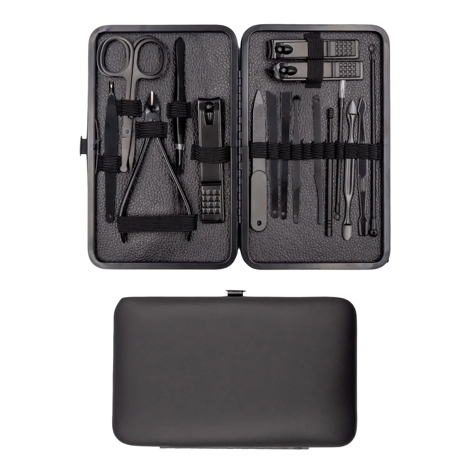 

18 шт., маникюрный набор из нержавеющей стали черного цвета с футляром для хранения, инструмент для ухода за ногтями, педикюрный инструмент, кусачки для ногтей, ножницы