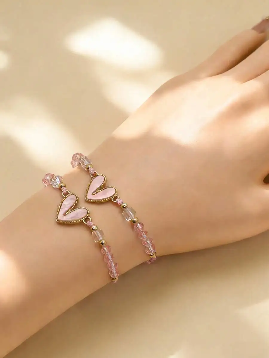 

Heart Shape Pendant Bracelet Set With Beaded Chain For Women