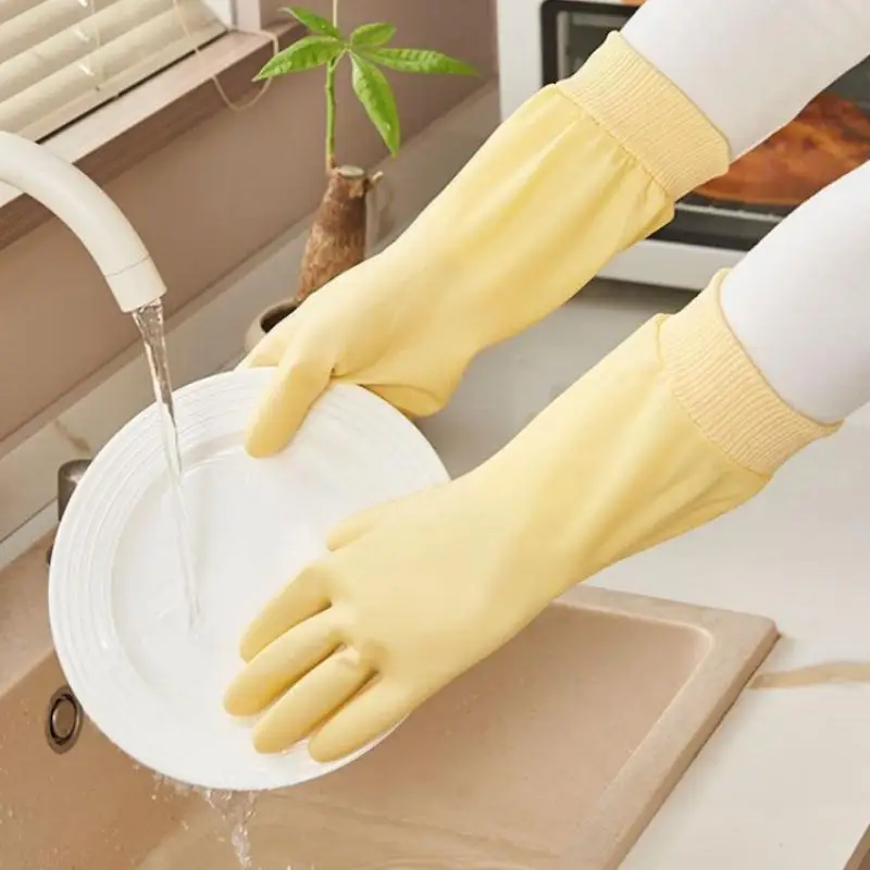 1Pair Dishwashing Gloves Thick PVC Kitchen Cleaning Gloves, Elastic Cuff With Hook, Multi-Purpose Bathroom Laundry Gloves