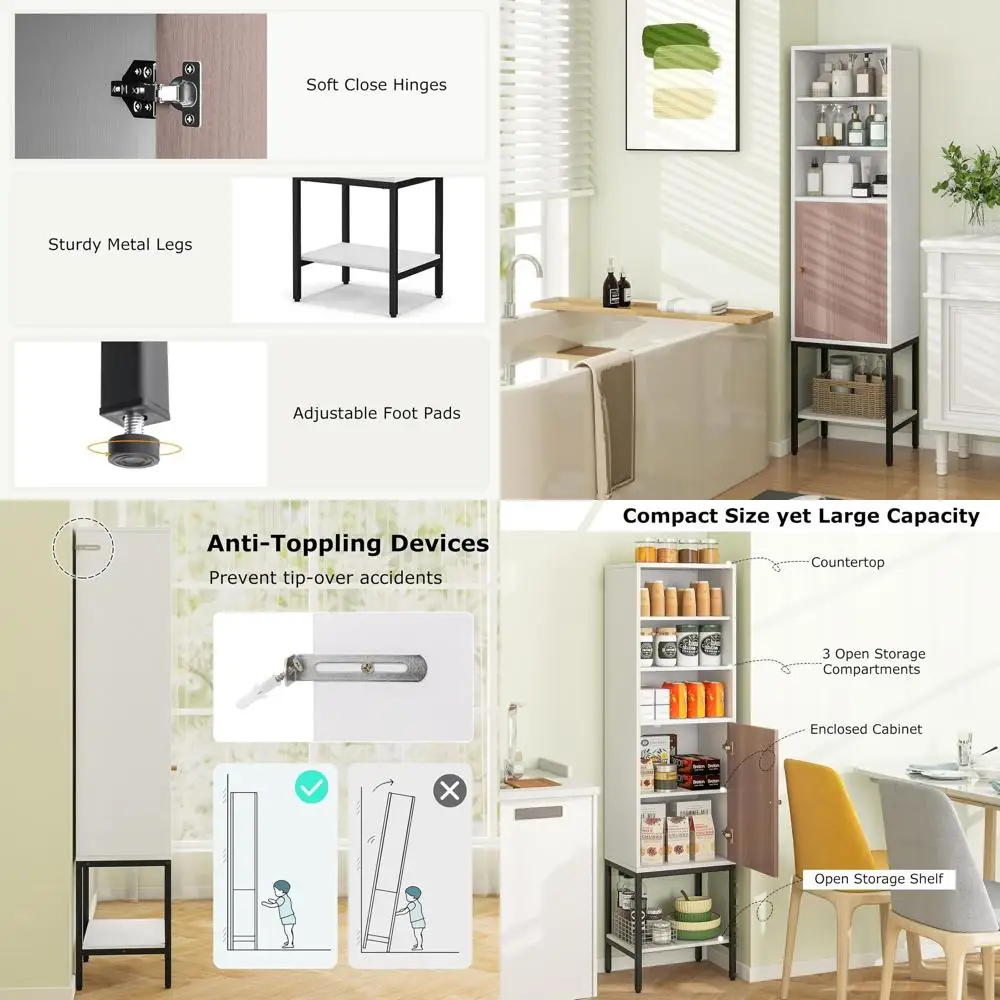 

White Slim Tall Bathroom Storage Cabinet with 1 Door and 4 Adjustable Shelves, 57 H, Suitable for Living Room, Entryway, Kitchen