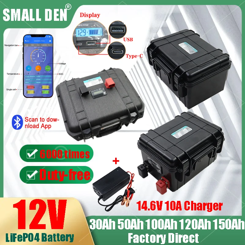 12 فولت 30 أمبير 50 أمبير 100 أمبير 120 أمبير 150 أمبير LiFePO4 بطارية سعة كبيرة LED مع بلوتوث DIY12.8 فولت بطارية محمولة قابلة للشحن في الهواء الطلق #1