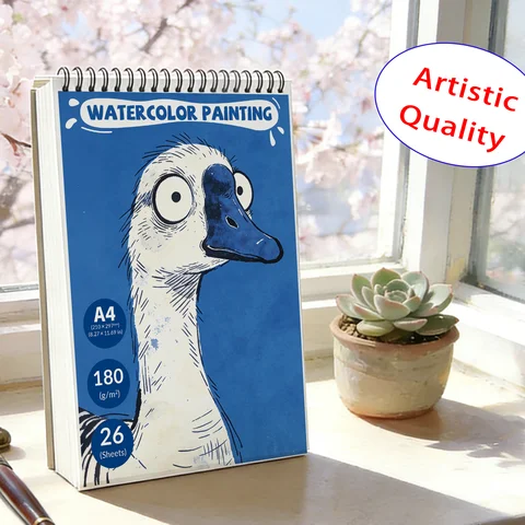 A4Spiral Watercolor Pad 180gsm, Cartoon Goose Big Eyes Cover, 26 Sheets Acid-Free Art Sketchbook for Back to School & Gift