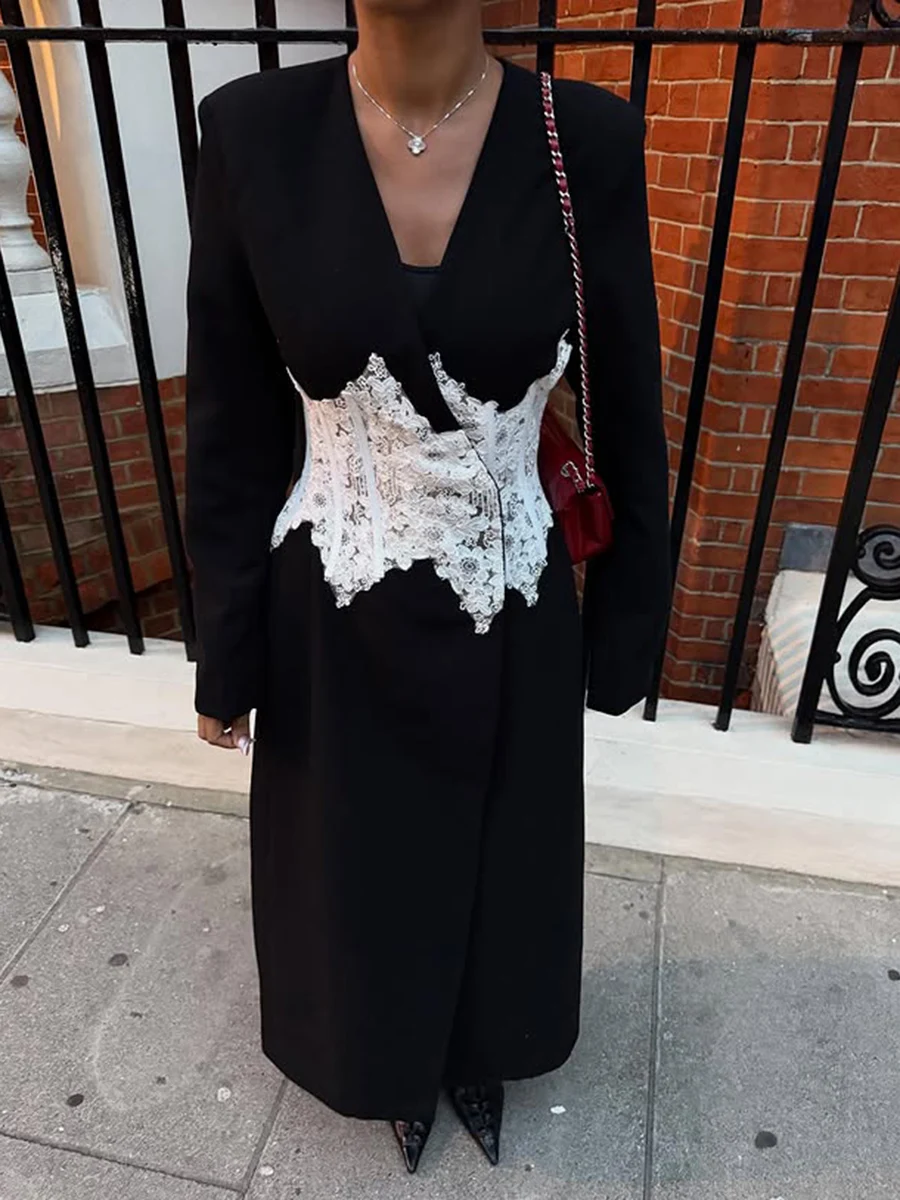 TWOTWINSTYLE Hit Color Slimming Sheer Spliced Embroidery Elegant Blazers for Women V Neck Long Sleeves Tunic Long Blazer Female