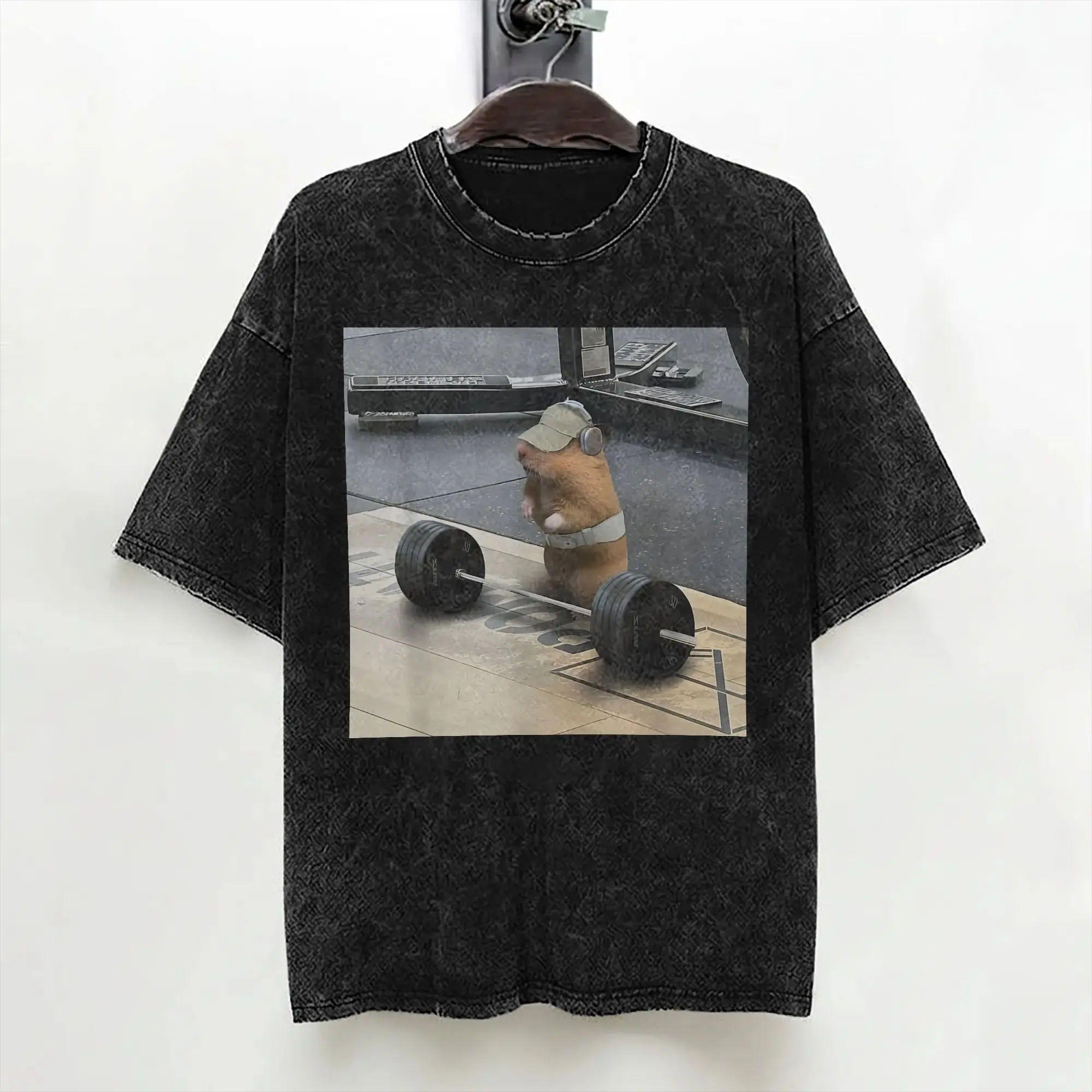 Hamster Gym Weight Lifting Meme T Shirts Washed Short Sleeve Harajuku T-Shirt  Retro Men Women Streetwear Summer Tees