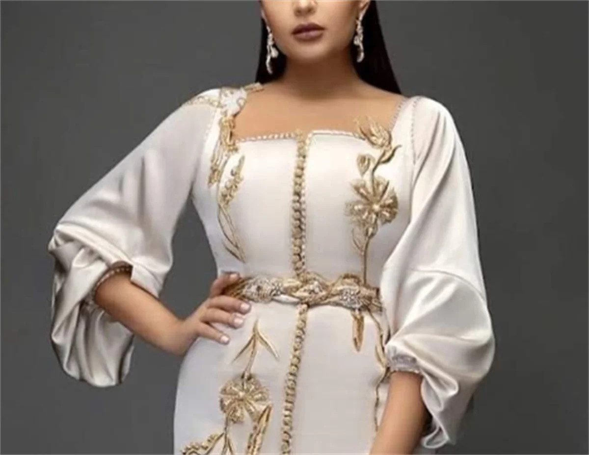 Moroccan Dubai Kaftan Lace Formal Evening Dresses V Neck Embroidery Appliques Full Sleeve Arabic Muslim Party Gowns 2023