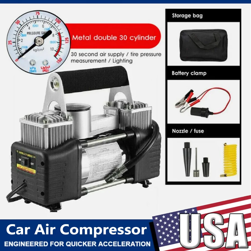 

12 В 150PSI автомобильный электрический воздушный насос с манометром двухцилиндровый надувной насос воздушный компрессор для мотоциклов велосипедные шарики