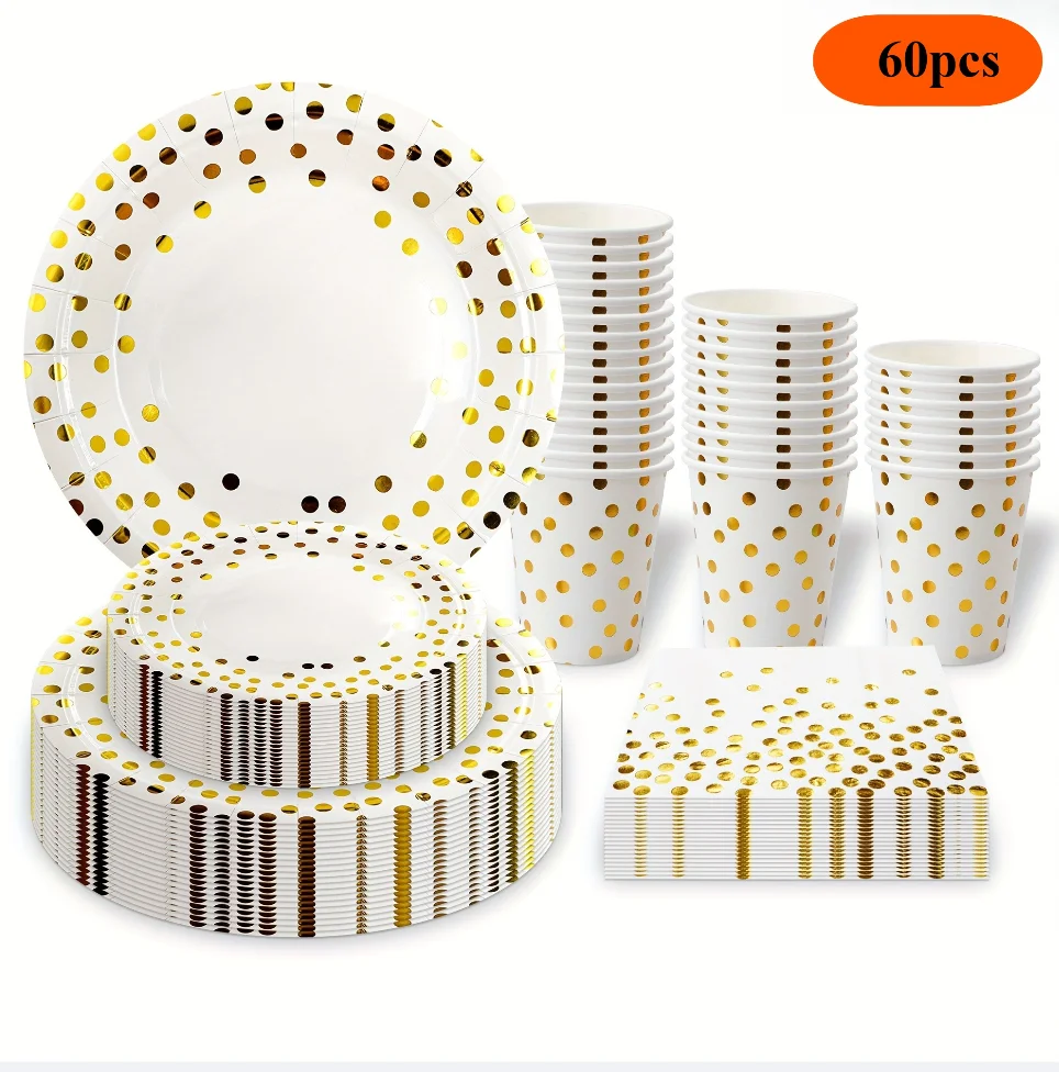 Vajilla Desechable Blanco Y Oro 60 Piezas Platos Vasos Servilletas De Papel Con Lunares Dorados Para Decoración Fiesta Cumpleaños Bodas Aniversario Suministros Elegantes Celebración Adultos