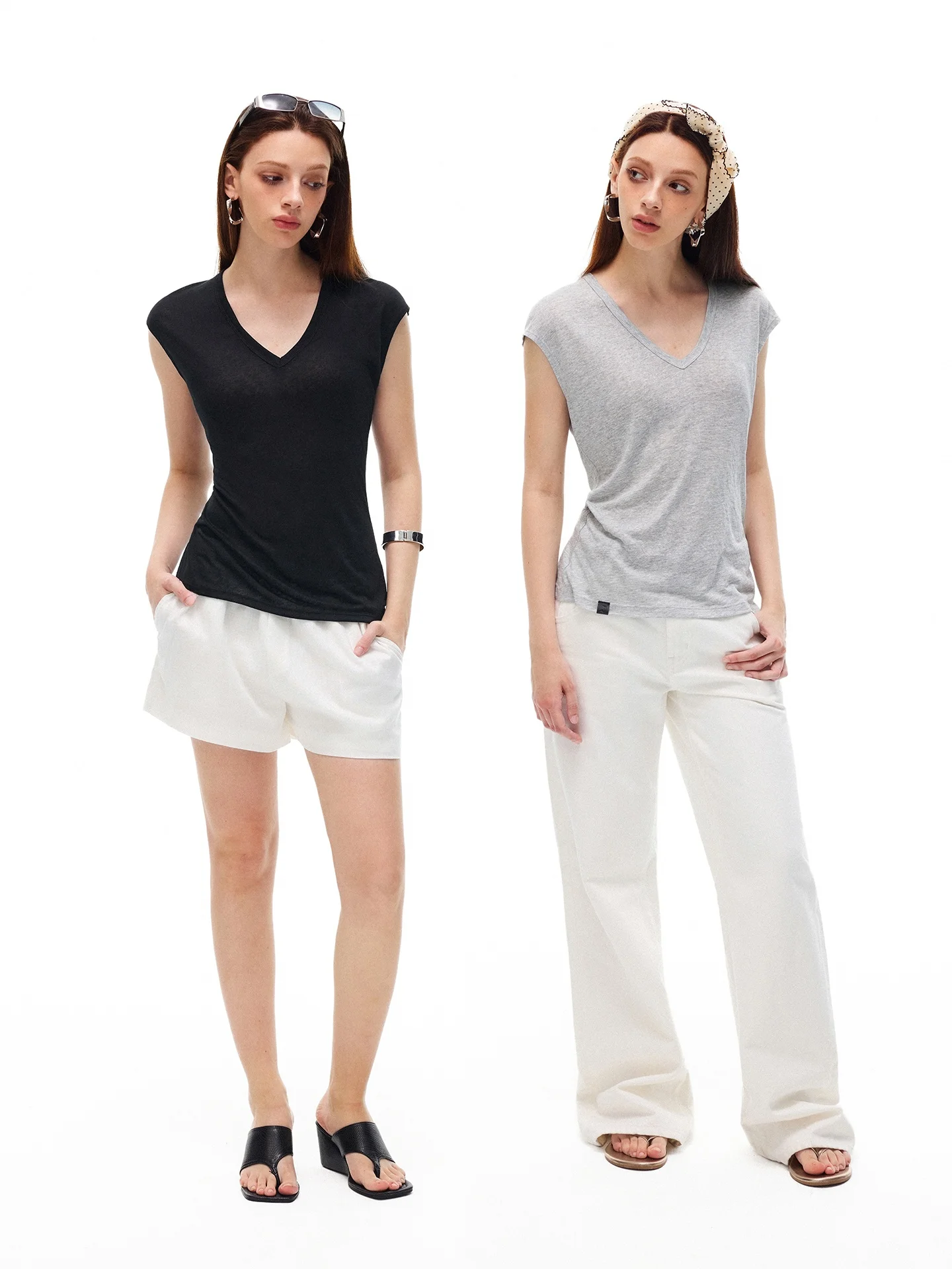 Linen Silk V-neck Short Sleeve Women's T-shirt Waist-cinching Casual Style Breathable Comfortable Fly Sleeve T-shirt