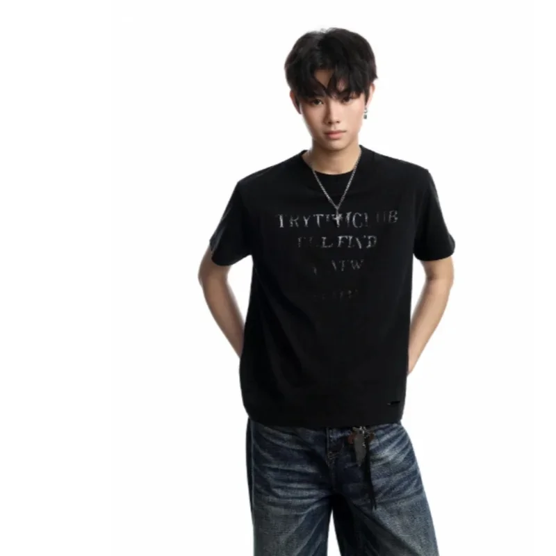 American Retro Double Collar Dirty Dye Washed Cut Short Sleeve T-Shirt for Men and Women Loose Round Neck Top Trendy