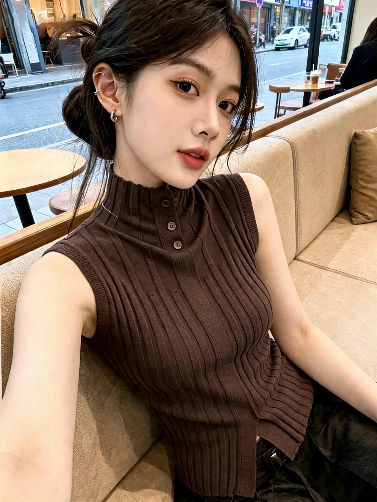 Elegant High Neck Knitted Vest Women's Summer Design Early Autumn Waist Cinch Inner Wear Base Color Sleeveless Top