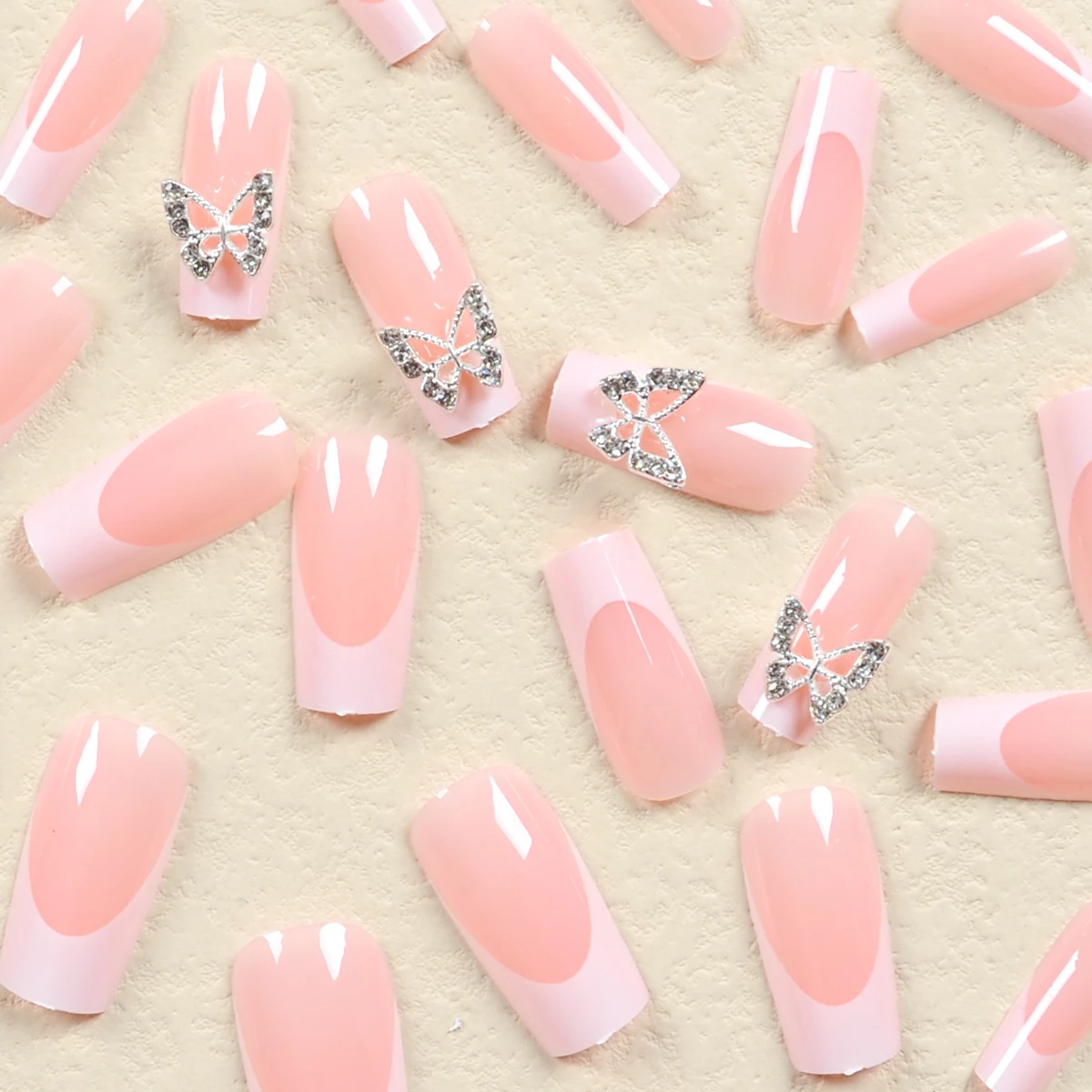 

24pcs Glam Ballerina Press-On Nails Set - Long, White French With 3D Butterfly Shiny Finish - Perfect For Parties