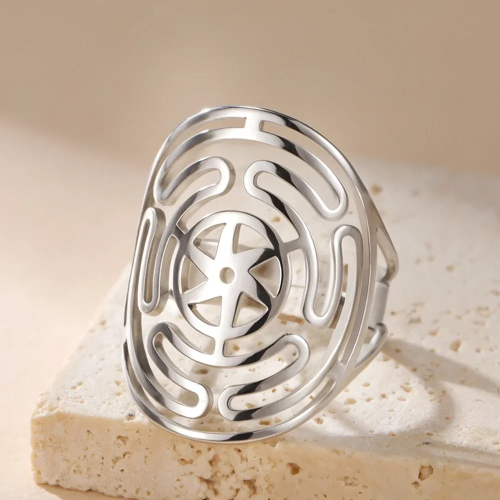 Dawapara Hecate Wheel Ancient Greek Goddess Adjustable Ring Magic Symbol Kabbalah Amulet Stainless Steel Jewelry