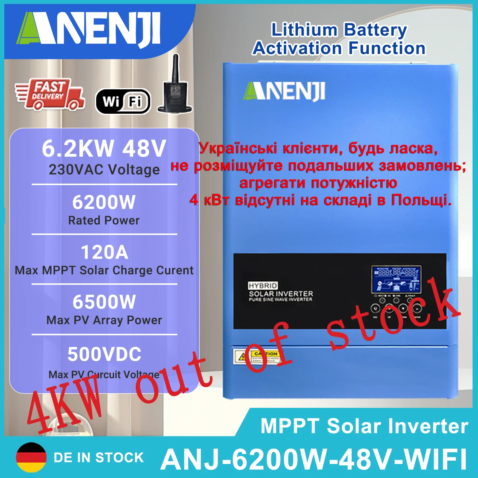 4KW 6.2KW Hybrid Solar Inverter 24V 48V Pure Sine Wave Inverter Off Grid Photovoltaic Inversor MPPT 100A Solar Charge Controller