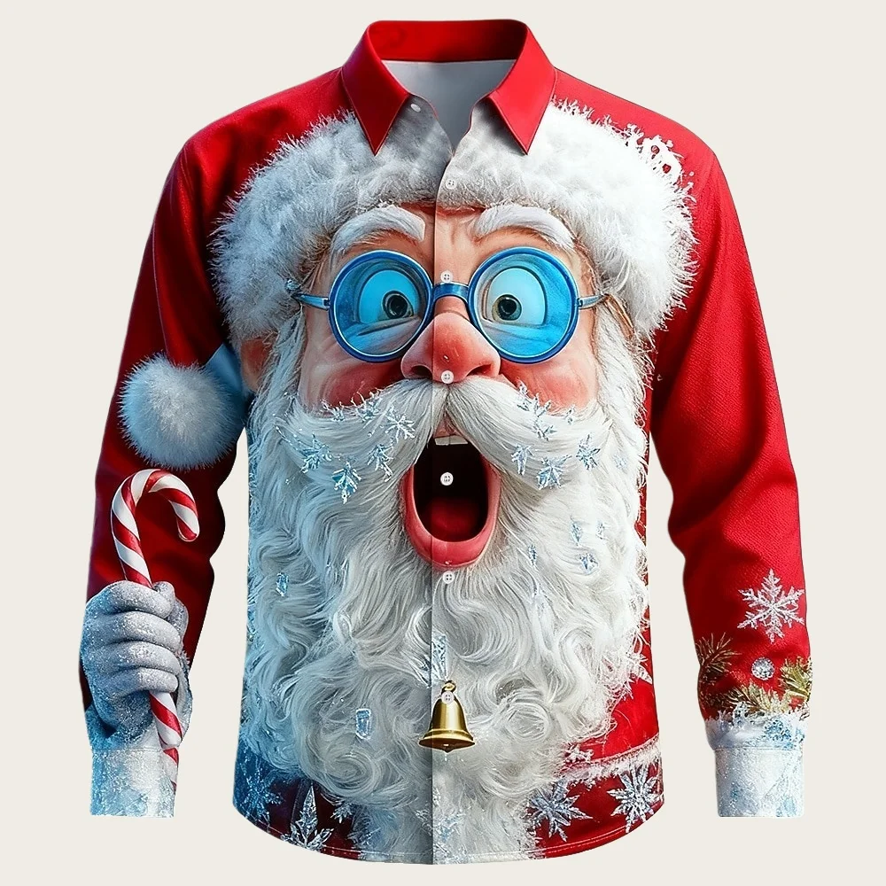 

Christmas Theme Men's Casual Shirt Santa Claus Printed Funny Tops Party Shirts For Men And Women Autumn Winter Lapel Long Sleeve