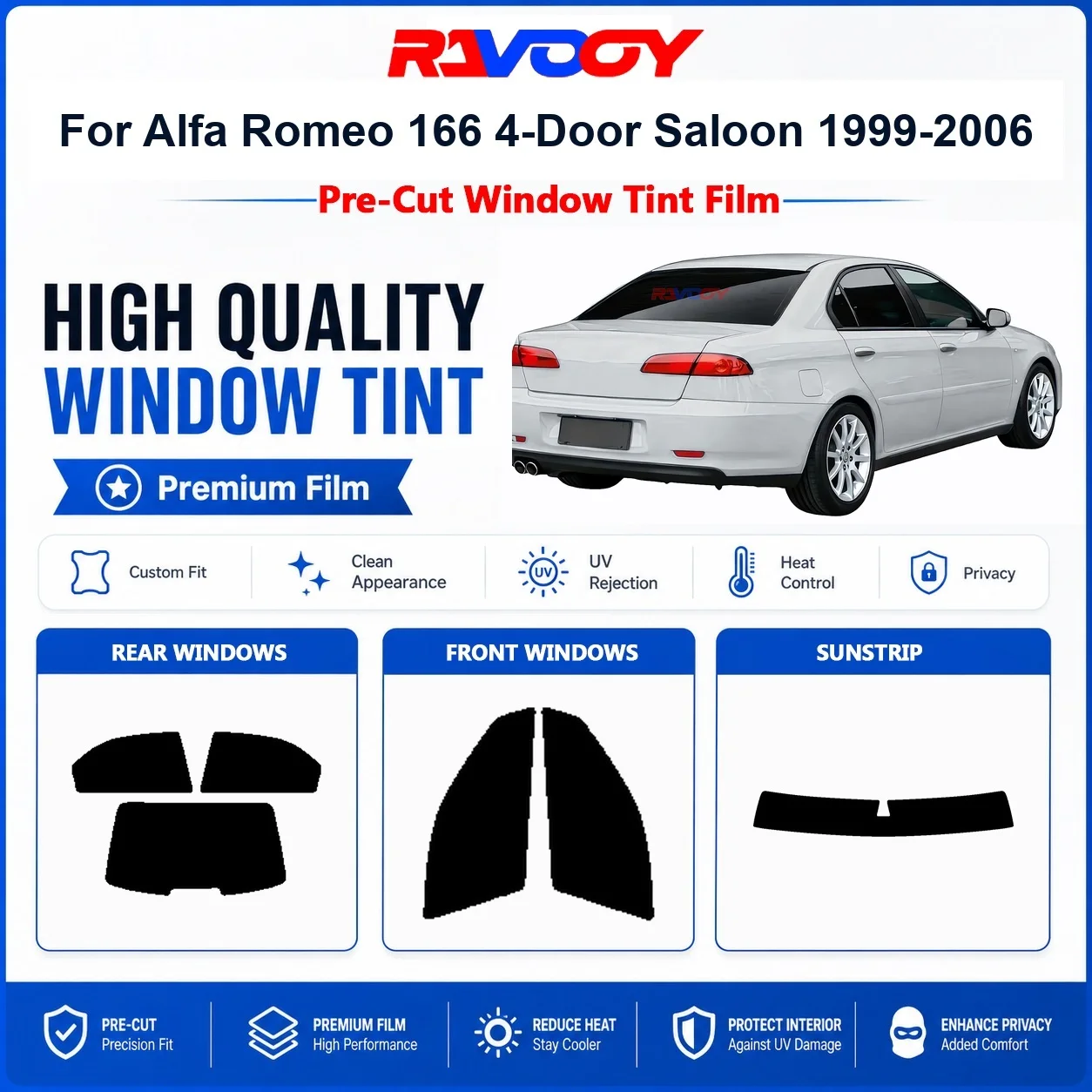 Premium Pre-Cut Window Tint For Alfa Romeo 166 4-Door Saloon 1999-2006 Front & Rear Windows UV Heat Rejection Privacy Film