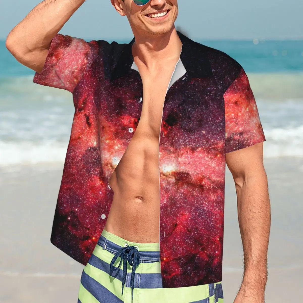 

Space Print Casual Shirt Milky Way Galaxy Trendy Hawaiian Shirts Man Short Sleeve Beach Breathable Graphic Oversized Blouses