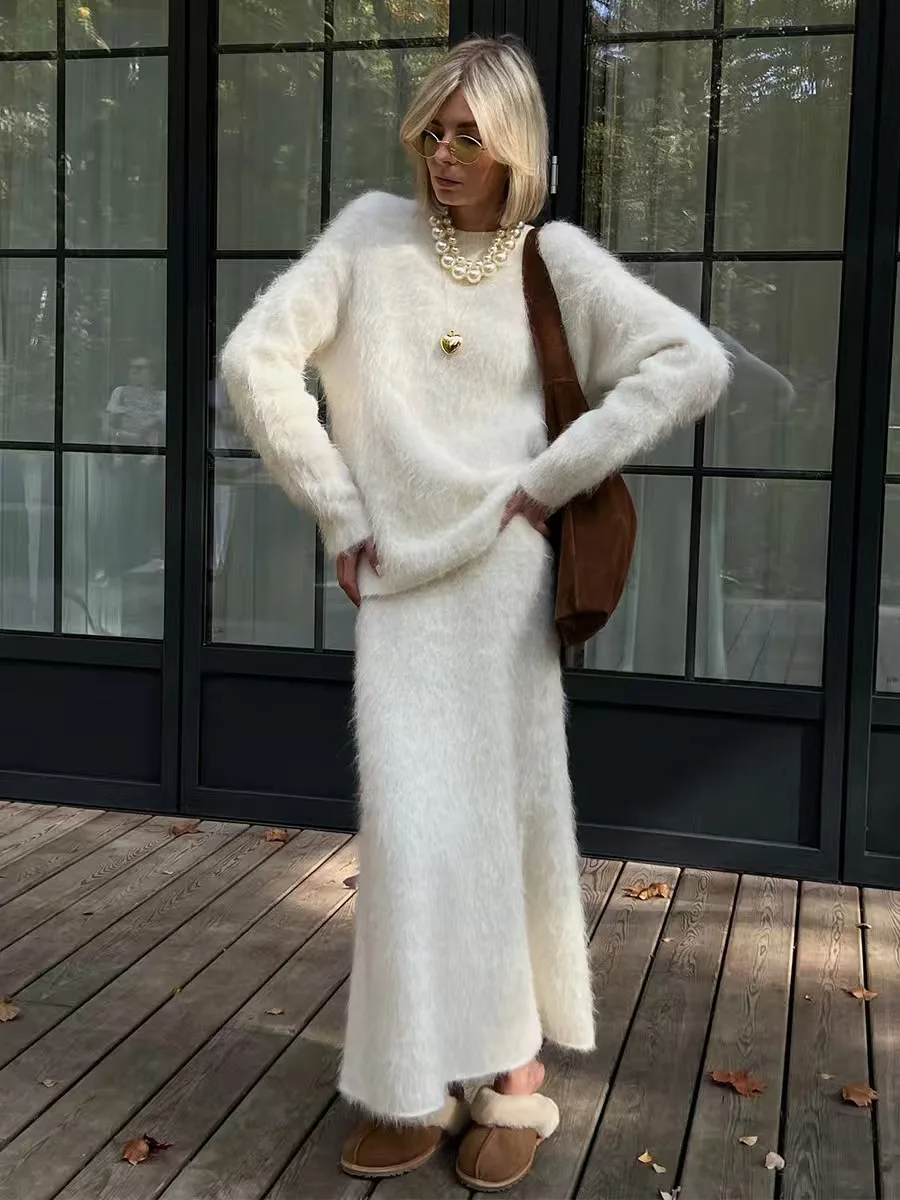 

Faionable Knitted Sweater And Skirt Set f-length Skirt Two-piece Set Warm Long Sve Round-ne Mid-length Commute Sle