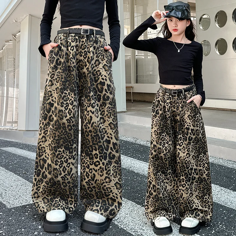 Girls Leopard Print Jeans Vintage Fashion Kids Casual Hip Pop Wide Leg Trousers Trend High Waist Children's Loose Denim Pants