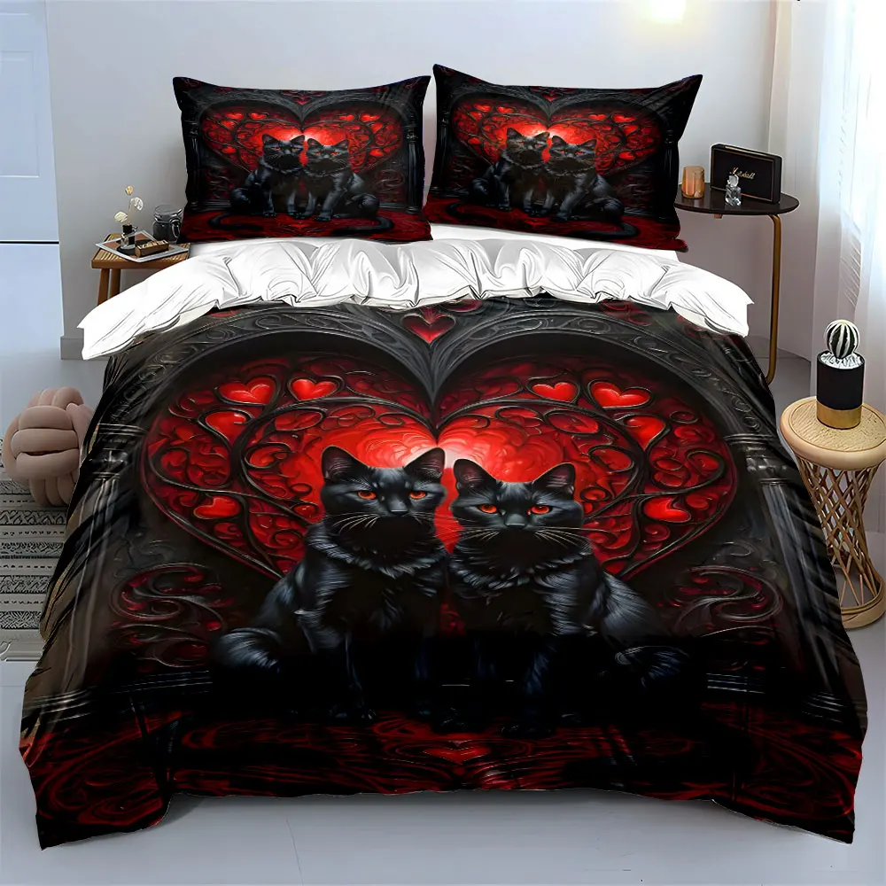 Black Cat Heart Pattern Romantic Bedding Print Bedding Set 1 Duvet Cover 2 Pillowcases for Adult and Children Luxury Gift