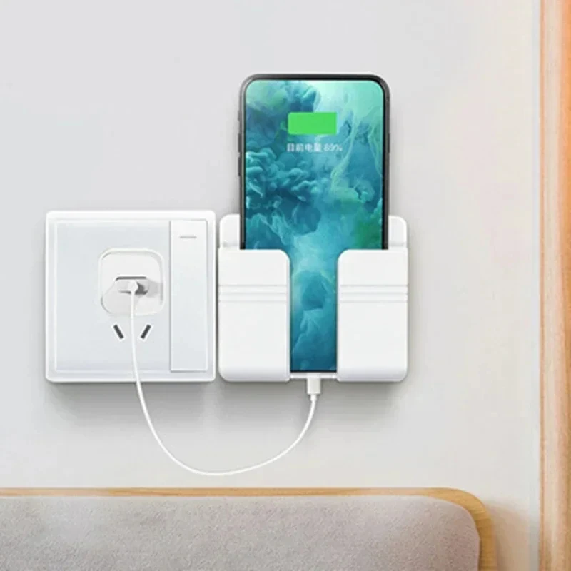 Wall Mobile Phones Charging Stand Lazy Sticky Remote Control Storage Box Wall Mount Phone Holder White Punch Free