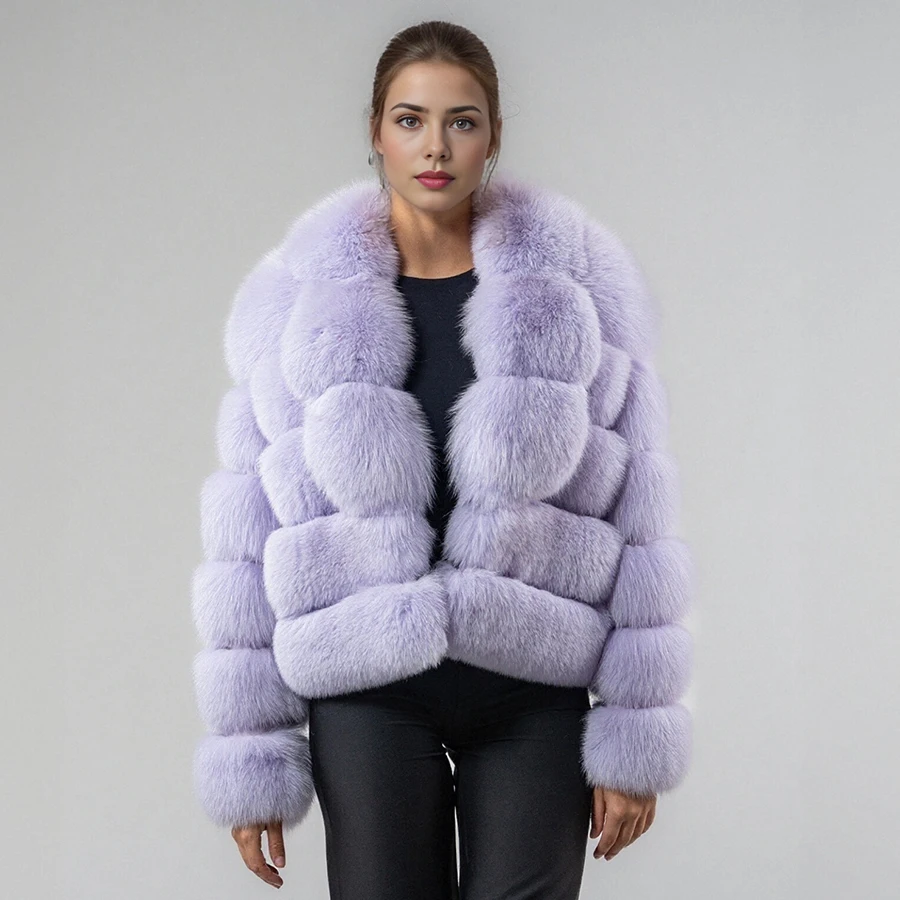 Damska kurtka zimowa z prawdziwego futra lisa z klapami, naturalne futro lisa, puszysta kurtka, luksusowe marki, krótki płaszcz z prawdziwego futra.