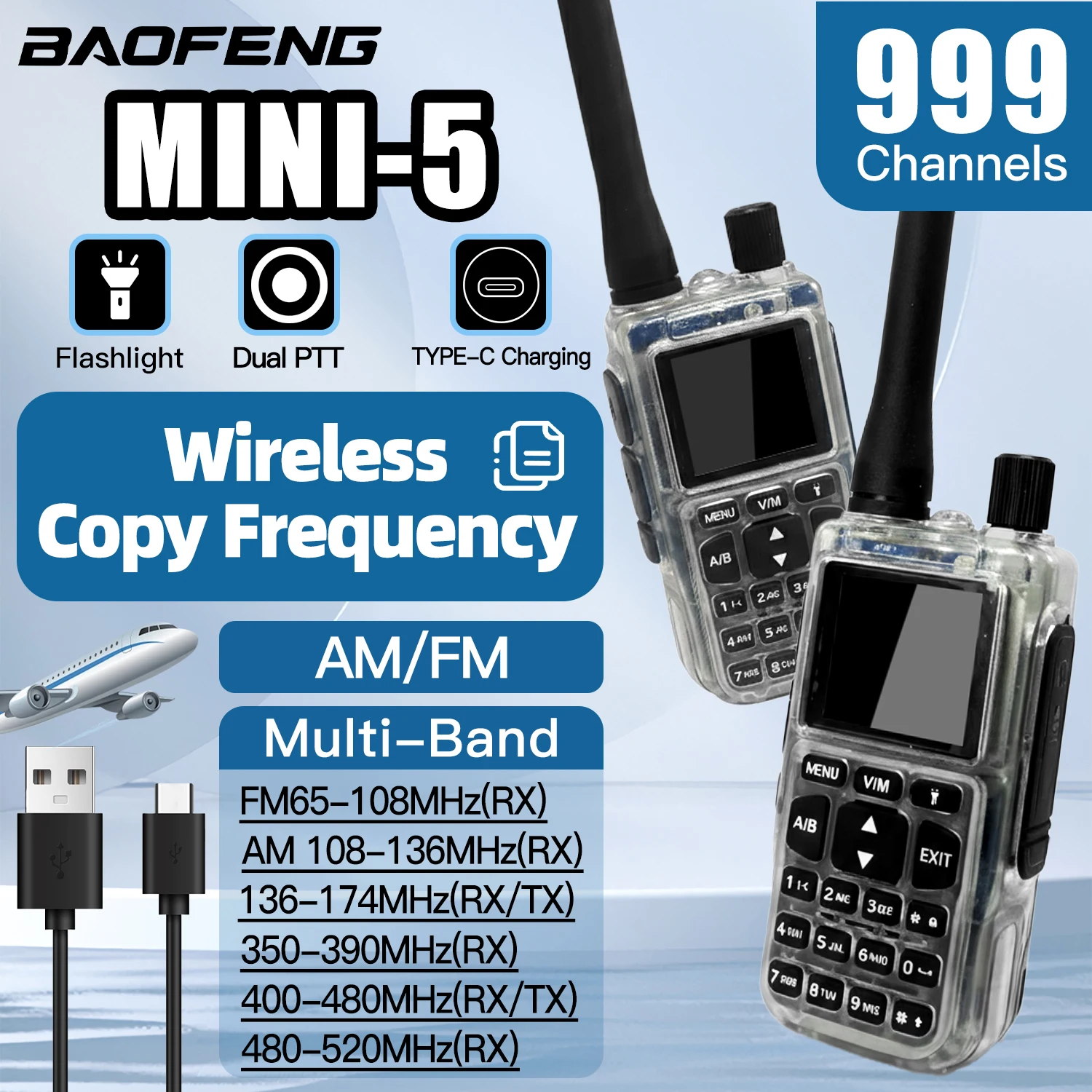 1/2PCS Baofeng MINI-5 Ual Band Dual PTT Walkie Talkie 5RMINI VOX FM Amateur Radio Type-C Charge Handheld Transceiver Two Way Rad