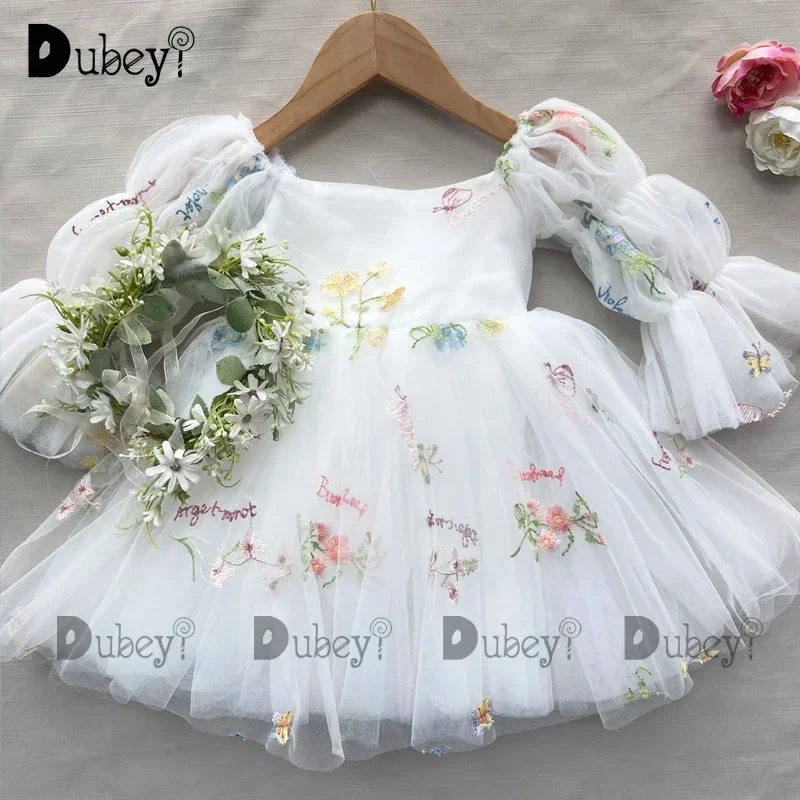 

White Floral Embroidered Tulle Princess Dress For Girls Birthday Party Wedding Flower Girl Formal Gown