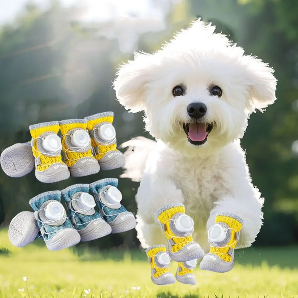 4Pcs/Set Fashion Breathable Button Dog Shoes Reflective Anti-slip Dogs Mesh Shoes Comfortable Soft Sole Dog Footwear Outdoor