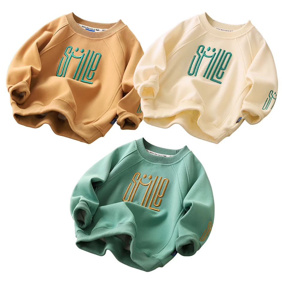 Boys Korean Trendy Warm Letter Embroidered Sweatshirts for Medium and Big Kids Perfect for Spring and Autumn Long Sleeve Design