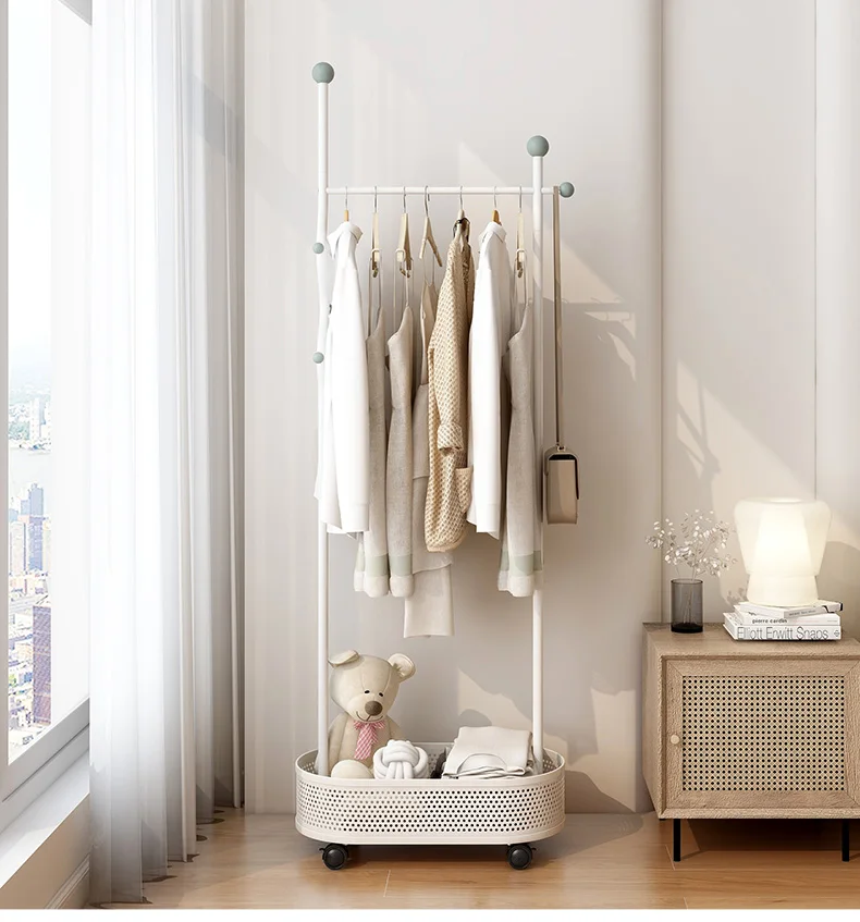 Floor standing clothes hanger, movable clothes hanger in bedroom, cream style clothes storage rack, simple household