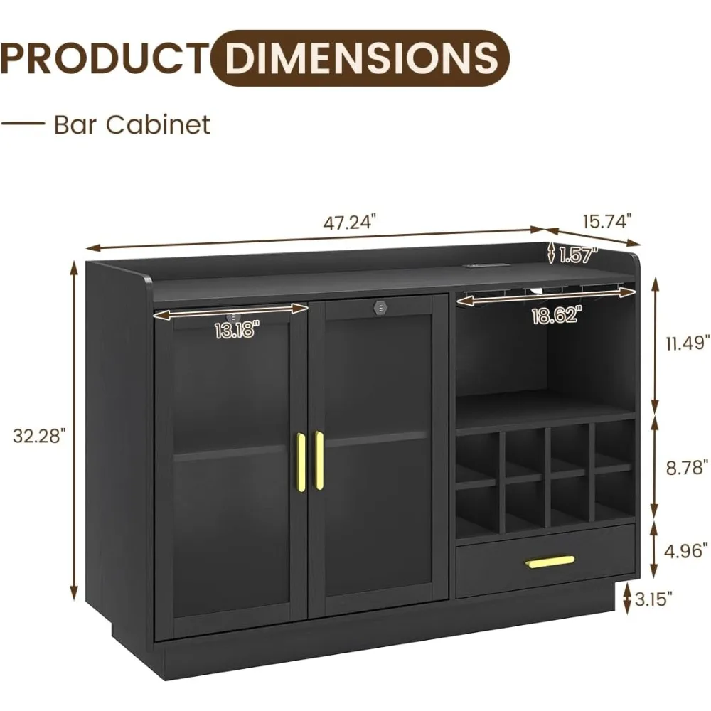 Design Modern Wine Bar Cabinet with LED Light & Locked Glass Door, Floating Coffee Bar with Power Outlets & Glass Rack