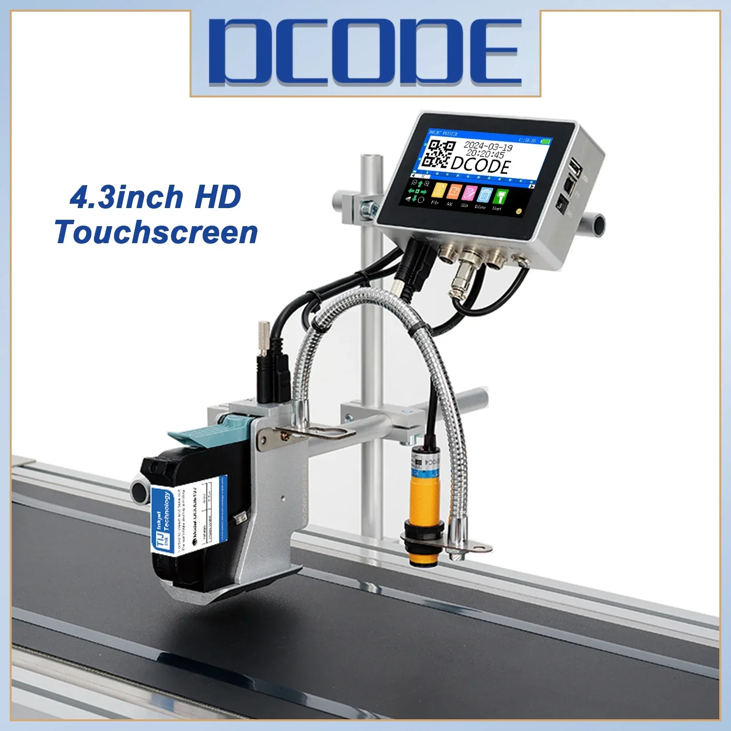 DCODE-Industrial Online Inkjet Printer, QR Barcode, Date Printer, Lote, Número, Logotipo, Data, 130Plus, 12.7mm, 25.4mm Nozzle, 4.3 "Screen