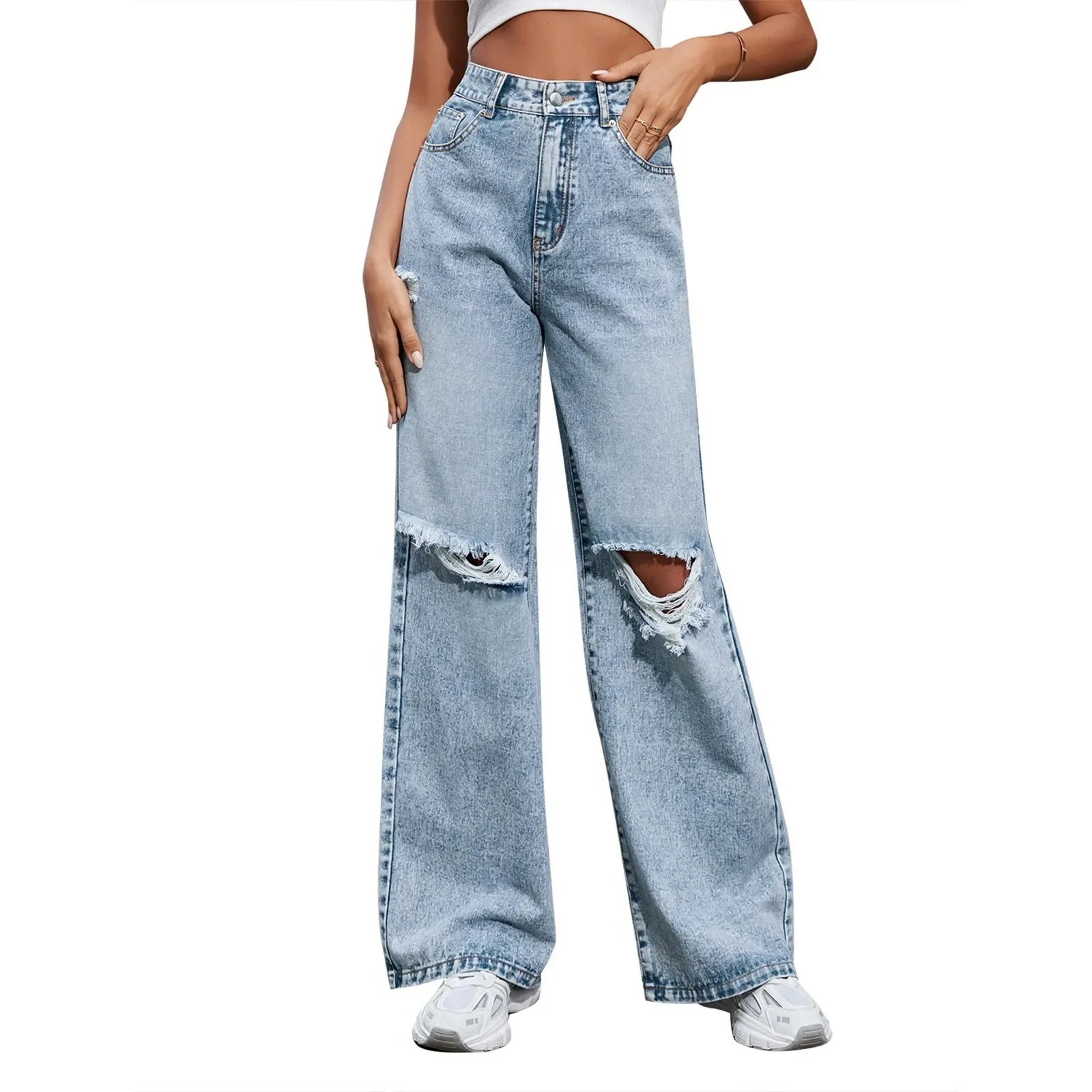 Eenvoudige rechte damesjeans, met scharniergespontwerp, losse stijl met hoge taille, modieuze casual jeans met zakken