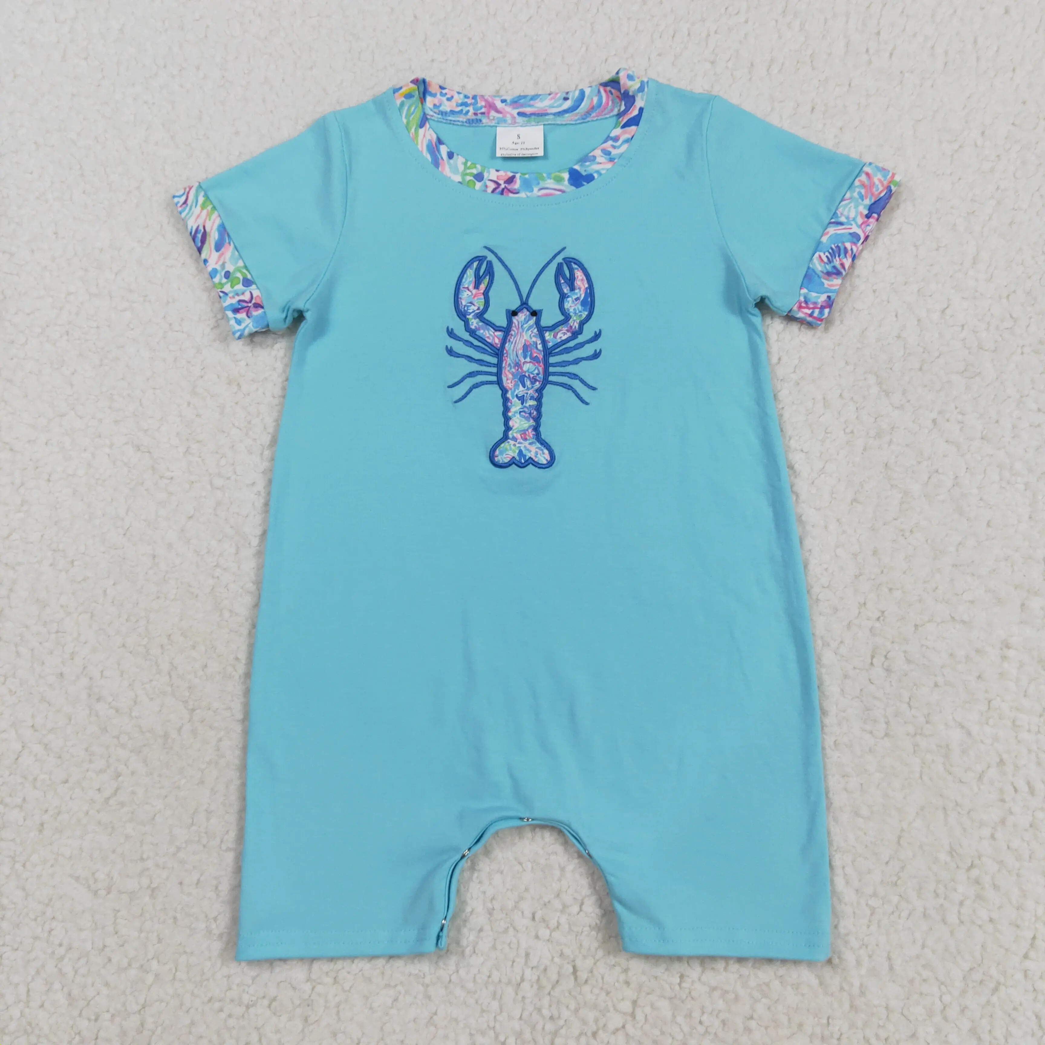 

9.20 Wholesale western boutique onesies Newborn toddler Embroidery Baby Boys Blue Short Sleeves Crayfish Rompers